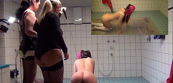  Young and thin female slave, farts and pukes, a guy, cream and vomit, in the mouth! Split-Screen Movie!